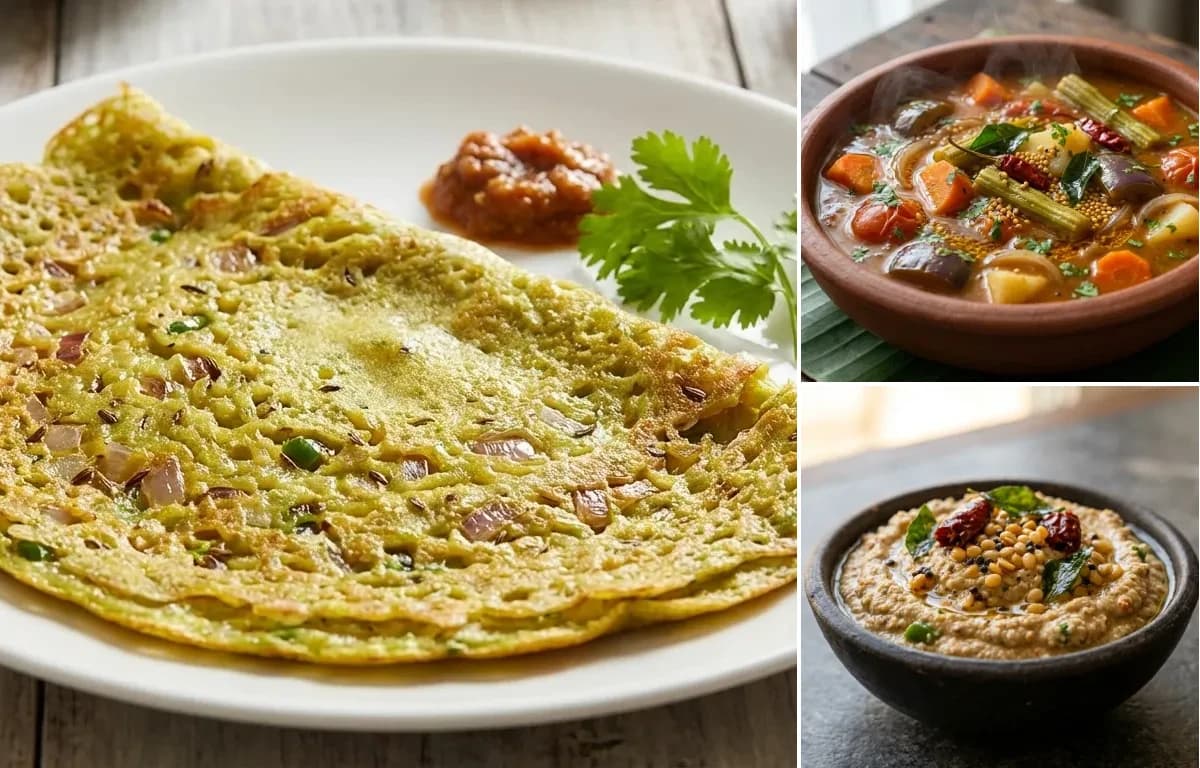 Pesarattu, Vegetable Sambar and Palli Pachadi