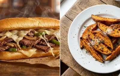 Philly Cheesesteak with Sweet Potato Wedges