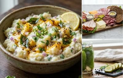 Potato Salad with Cold Cut Platter and Dill Pickles