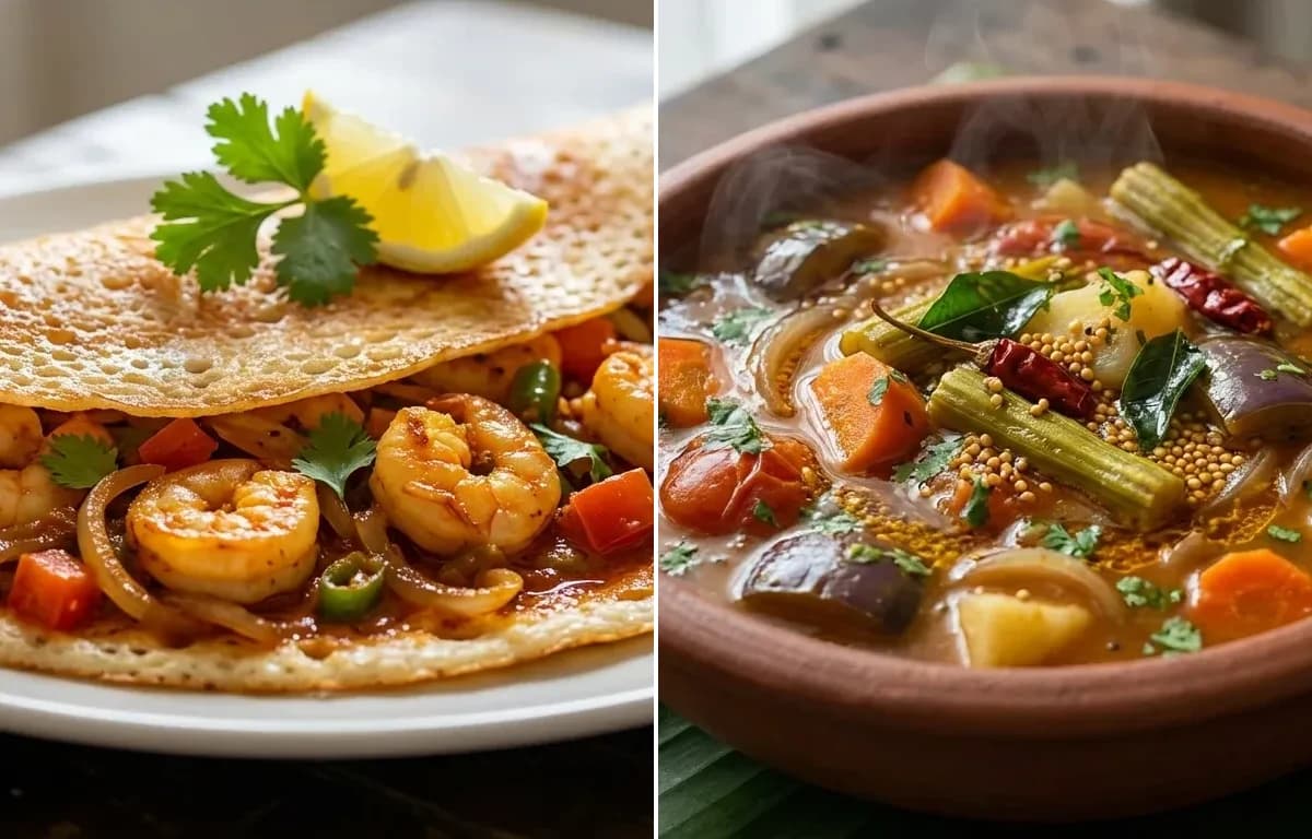 Prawn Masala Dosa with Vegetable Sambar