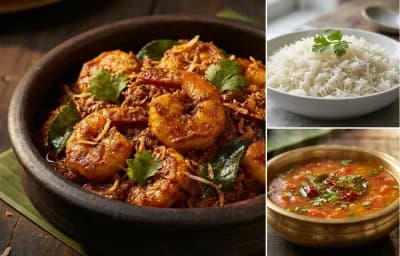 Prawn Sukka with Boiled Rice and Tomato Rasam