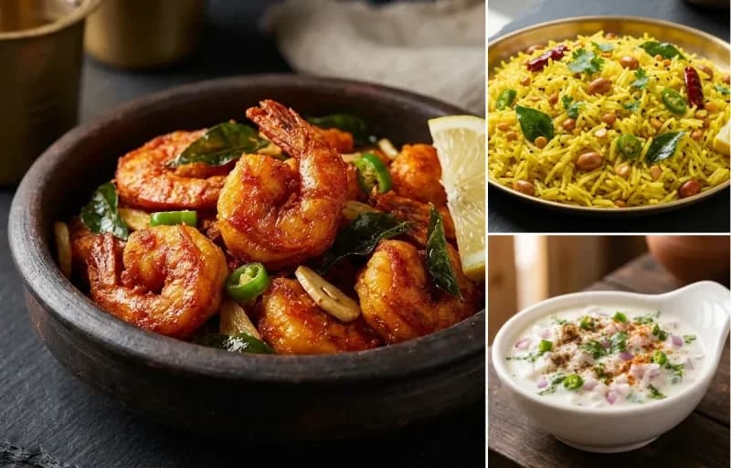 Prawns 65, Lemon Rice and Onion Raita