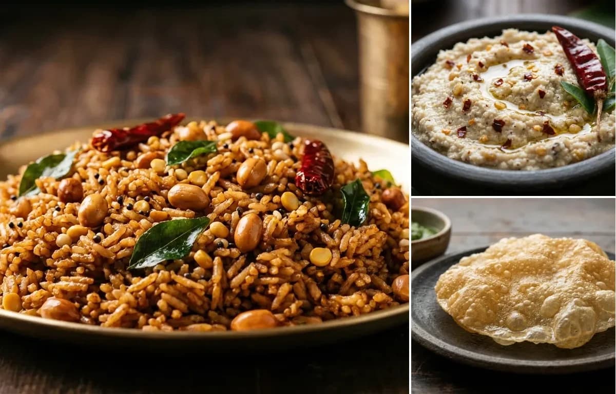 Puliyodarai, Coconut Thuvaiyal and Appalam