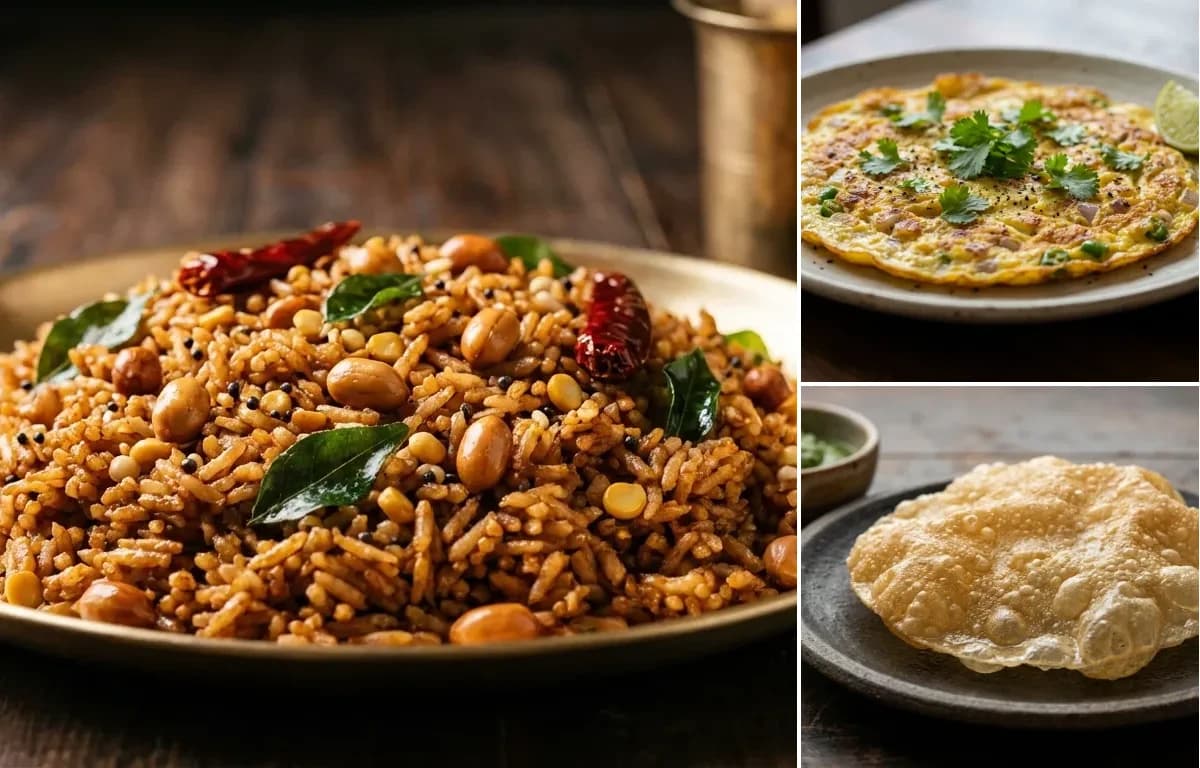 Puliyodarai, Muttai Omelette and Appalam