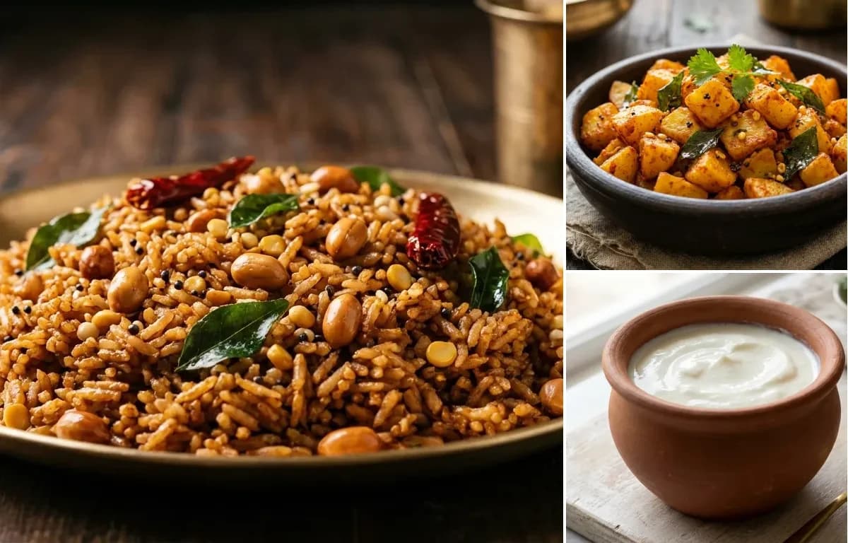 Puliyodarai, Potato Kara Kari and Curd