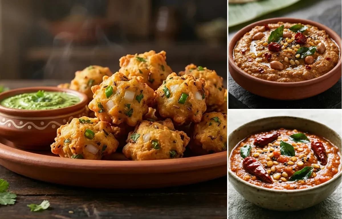 Punugulu, Peanut Chutney and Tomato Chutney