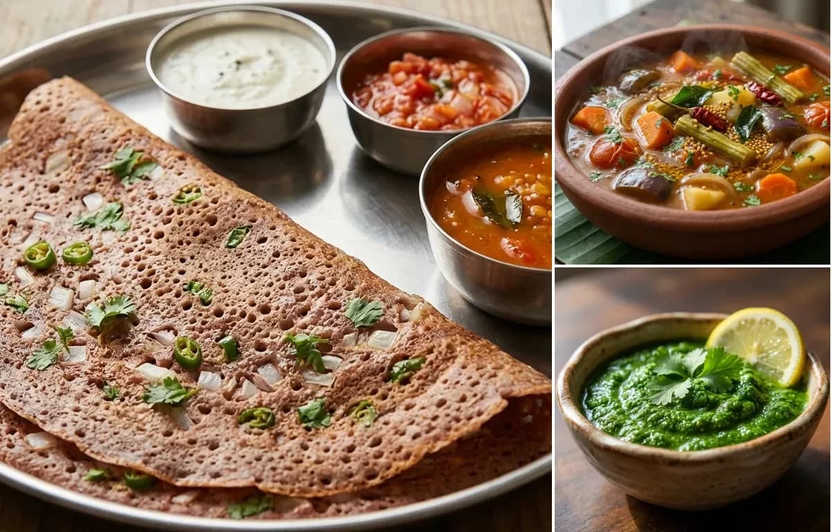 Ragi Dosa, Vegetable Sambar and Coriander Chutney