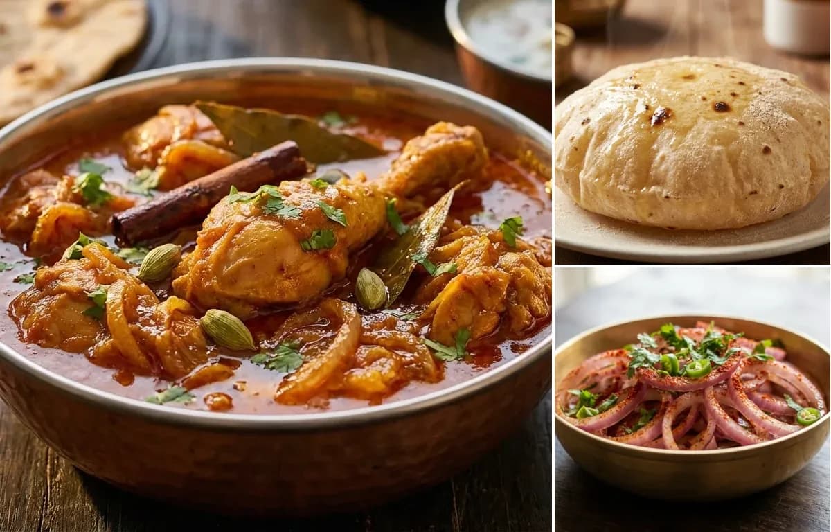 Rajasthani Chicken Curry, Phulka and Onion Salad