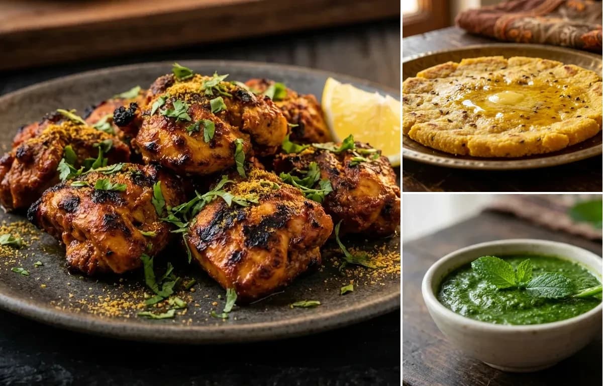 Rajasthani Chicken Soola, Makki ki Roti and Mint Chutney