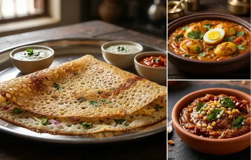Rava Dosa, Muttai Curry and Onion Chutney