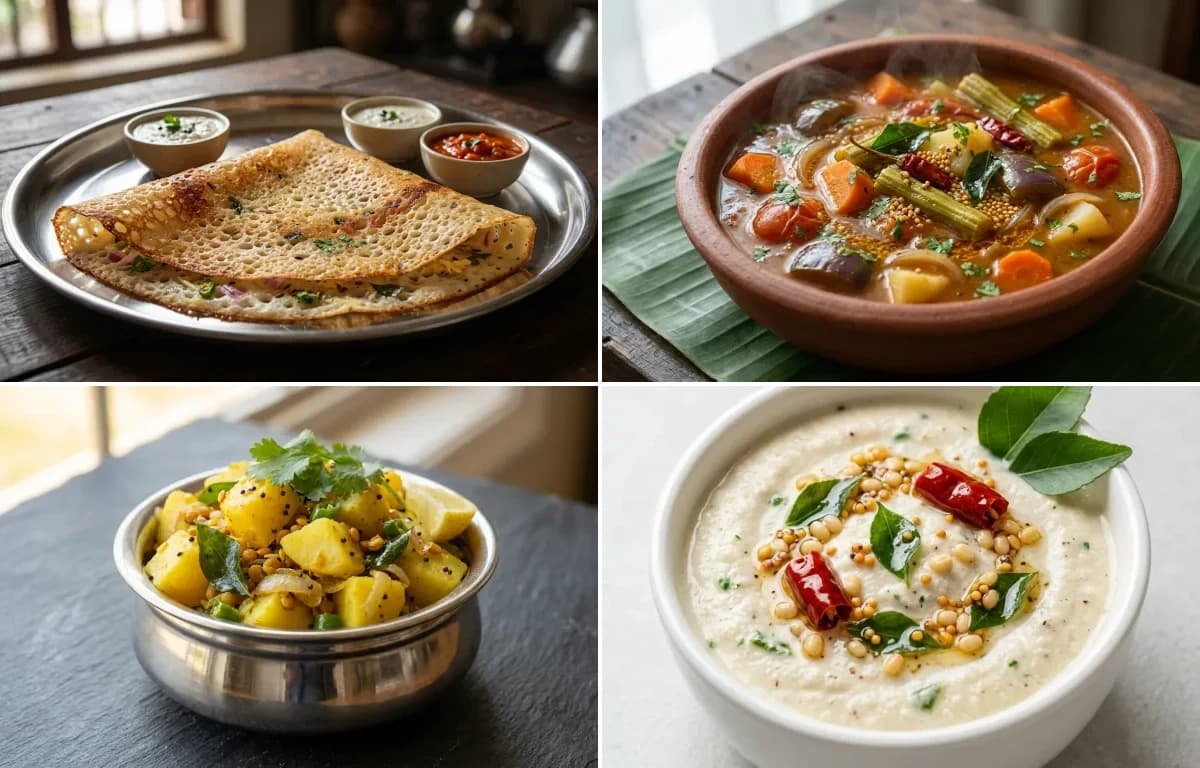 Rava Dosa, Vegetable Sambar, Potato Palya and Coconut Chutney