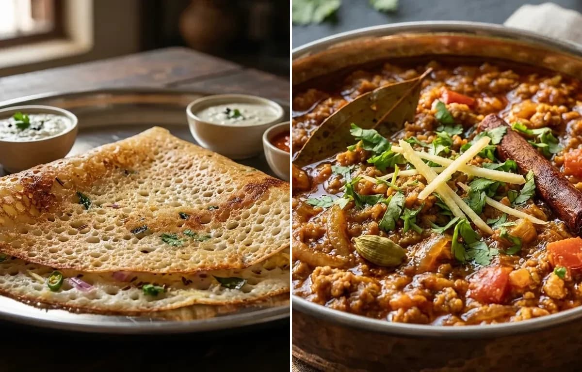 Rava Dosa with Chicken Keema Masala