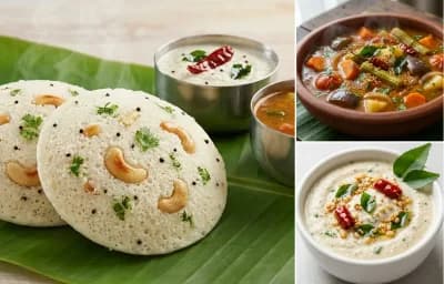 Rava Idli with Vegetable Sambar and Coconut Chutney