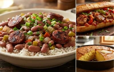Red Beans and Rice with Sausage and Peppers and Cornbread