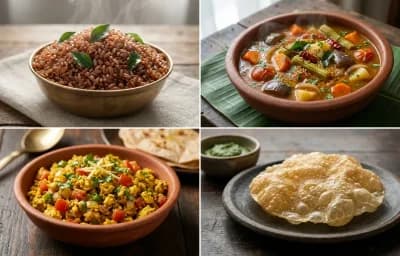 Red Rice with Vegetable Sambar, Egg Bhurji and Appalam