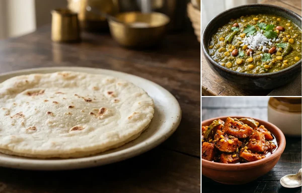 Rice Bhakri, Patal Bhaji and Mango Pickle