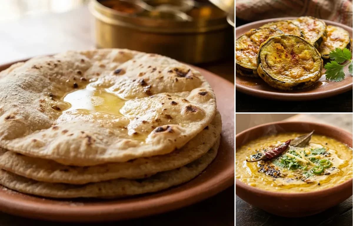 Roti, Begun Bhaja and Matir Dal