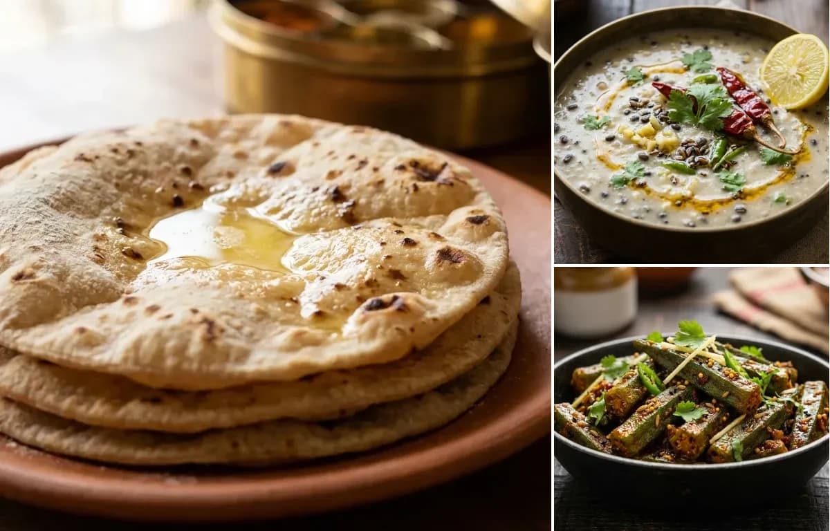 Roti, Matimahor Dal and Achari Bhindi