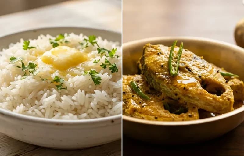 Sada Bhat with Ilish Bhapa