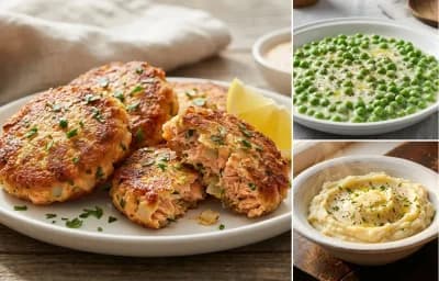 Salmon Patties with Creamed Peas and Mashed Potatoes