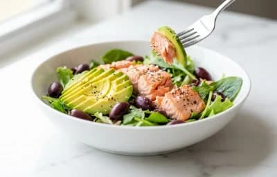 Salmon Salad over Greens with Avocado and Olives