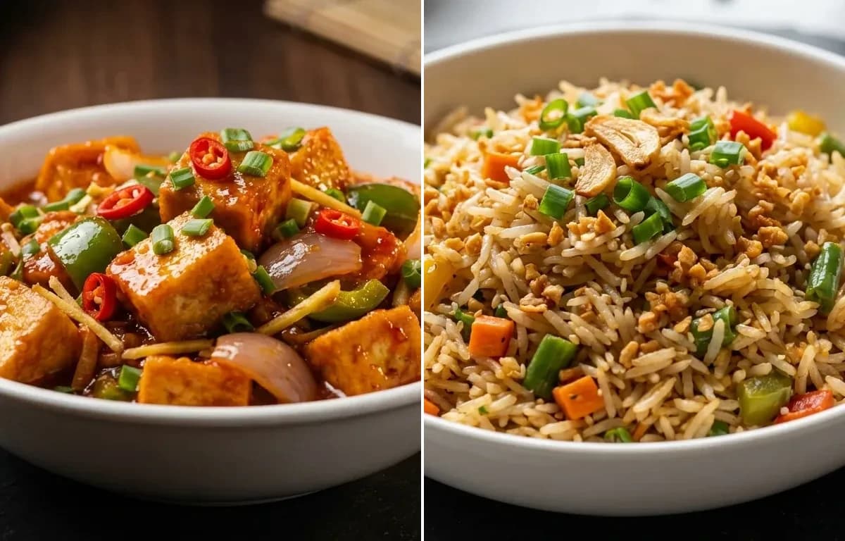 Schezwan Tofu Gravy with Burnt Garlic Fried Rice