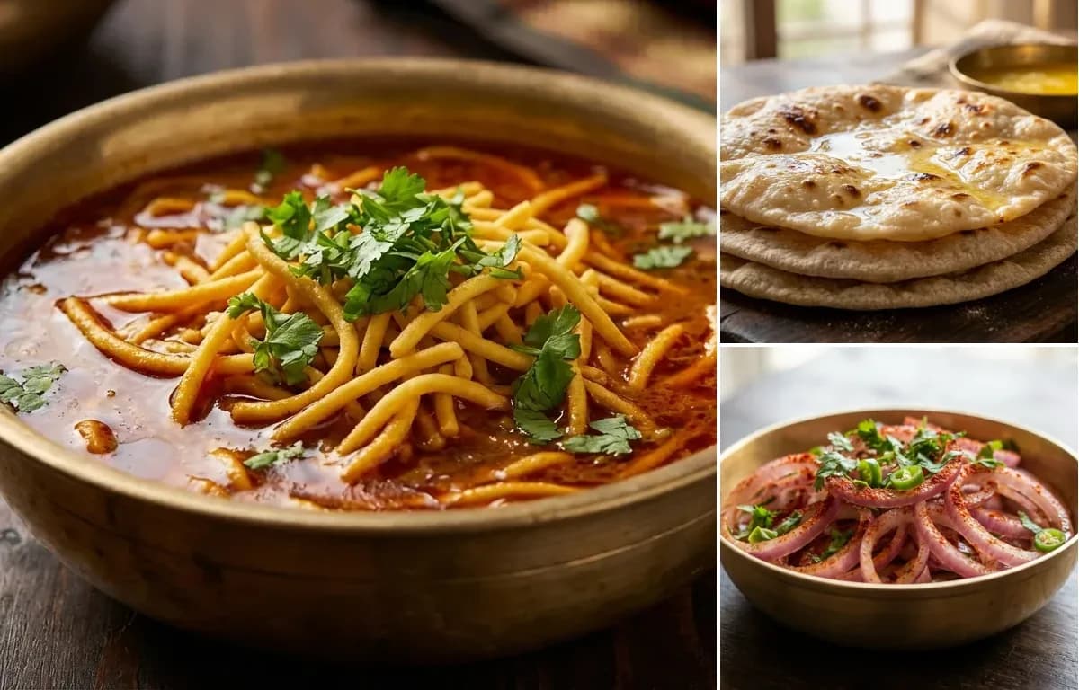 Shev Bhaji, Chapati and Onion Salad