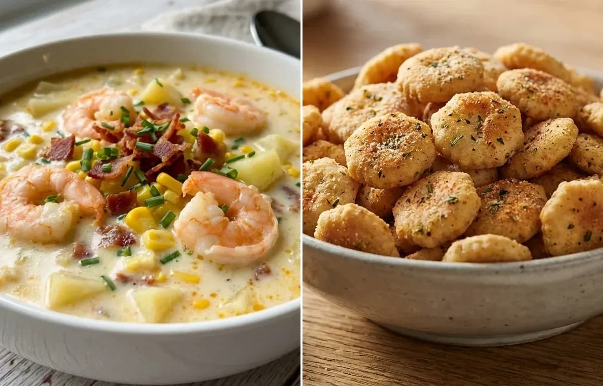 Shrimp and Corn Chowder with Seasoned Oyster Crackers