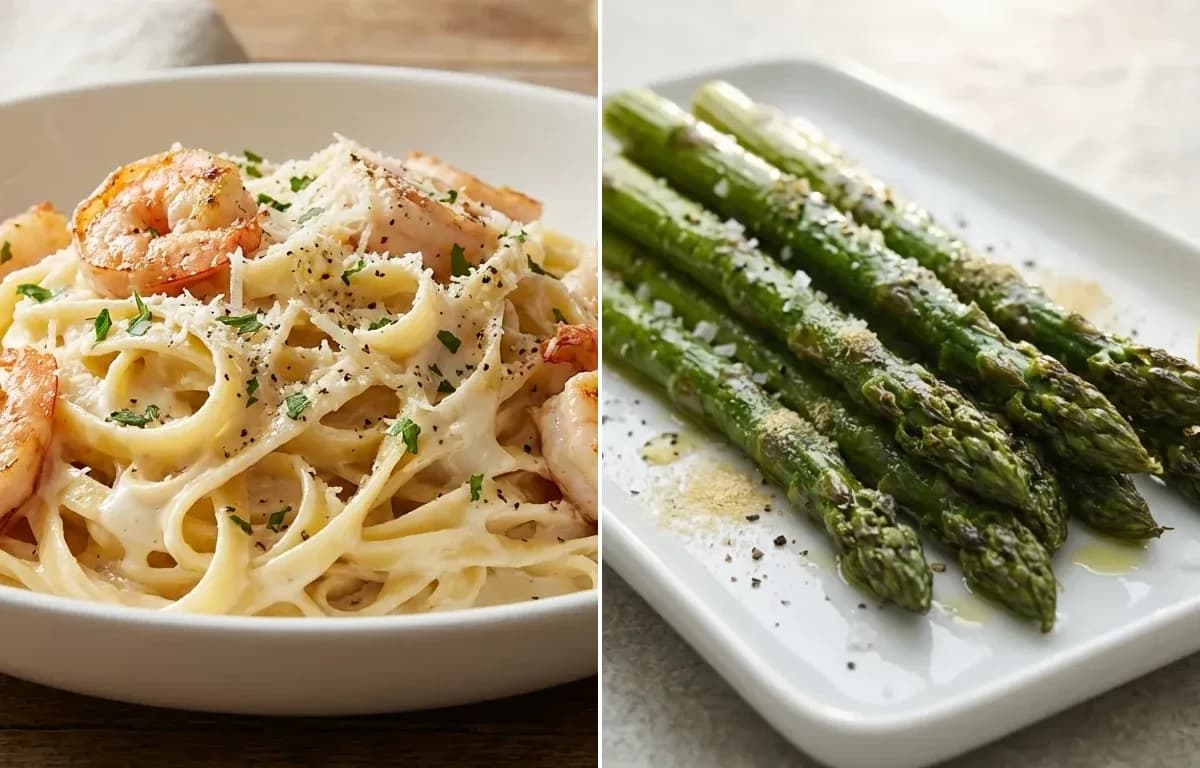 Shrimp Fettuccine Alfredo with Roasted Asparagus