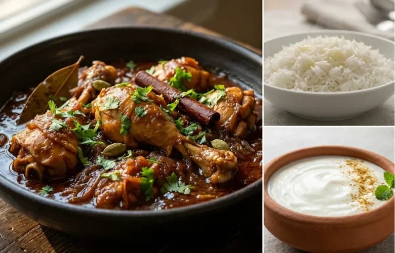 Sindhi Bhugal Chicken, Steamed Basmati Rice and Dahi
