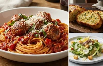 Spaghetti and Meatballs with Garlic Bread and Caesar Salad