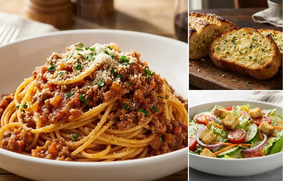 Spaghetti Bolognese, Garlic Bread and House Salad