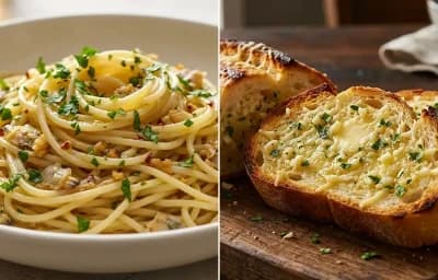 Spaghetti with White Clam Sauce with Garlic Bread