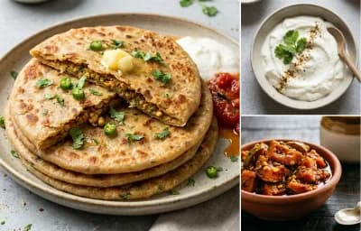 Spiced Sattu Paratha, Plain Dahi and Mango Pickle