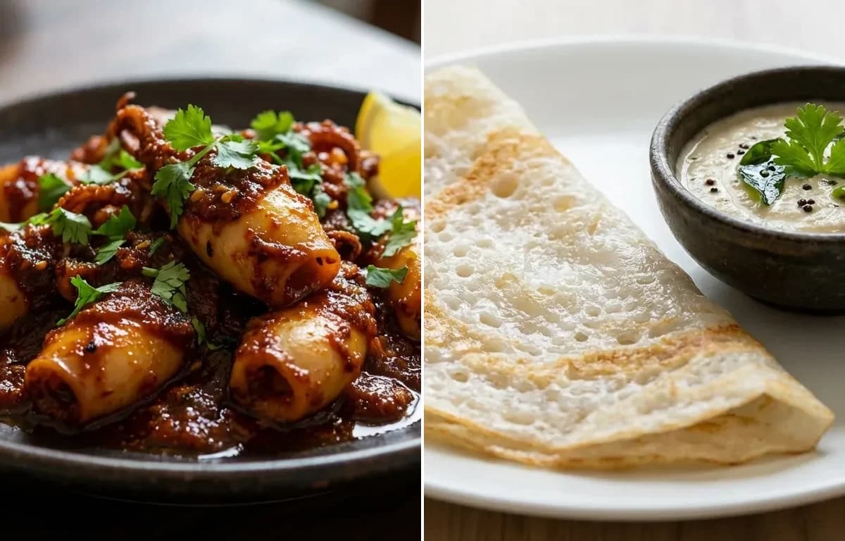 Squid Ghee Roast with Neer Dosa