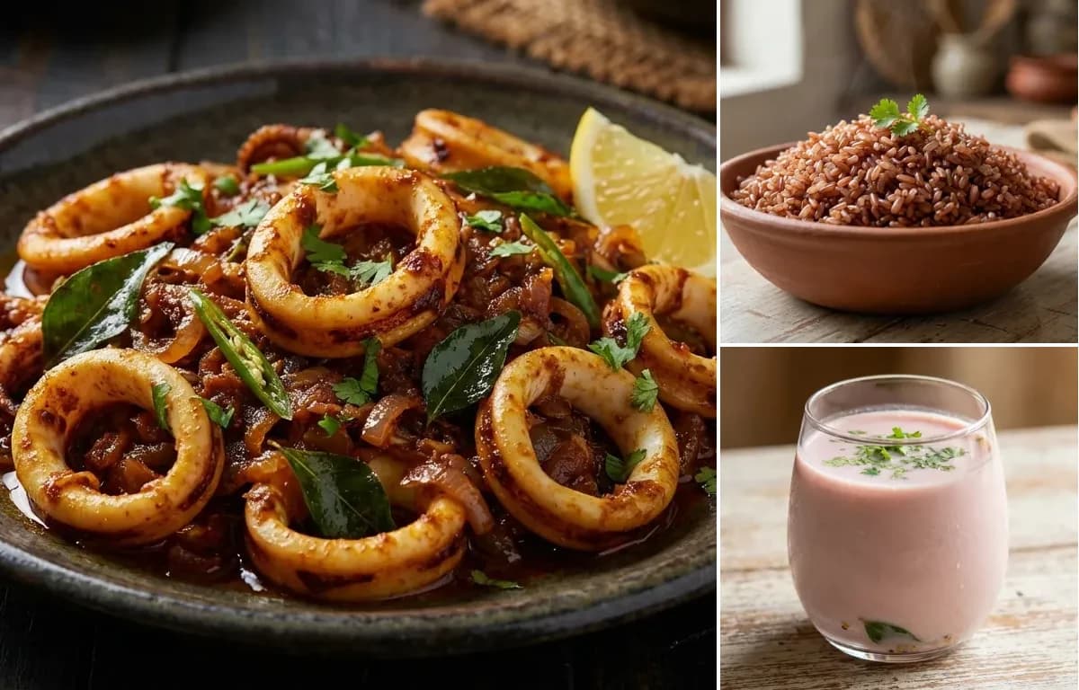 Squid Masala Fry, Goan Red Rice and Sol Kadhi