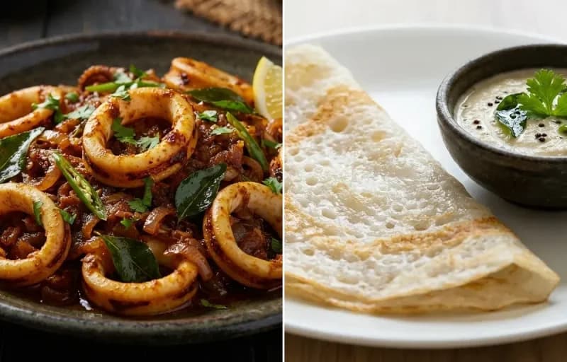 Squid Masala Fry with Neer Dosa
