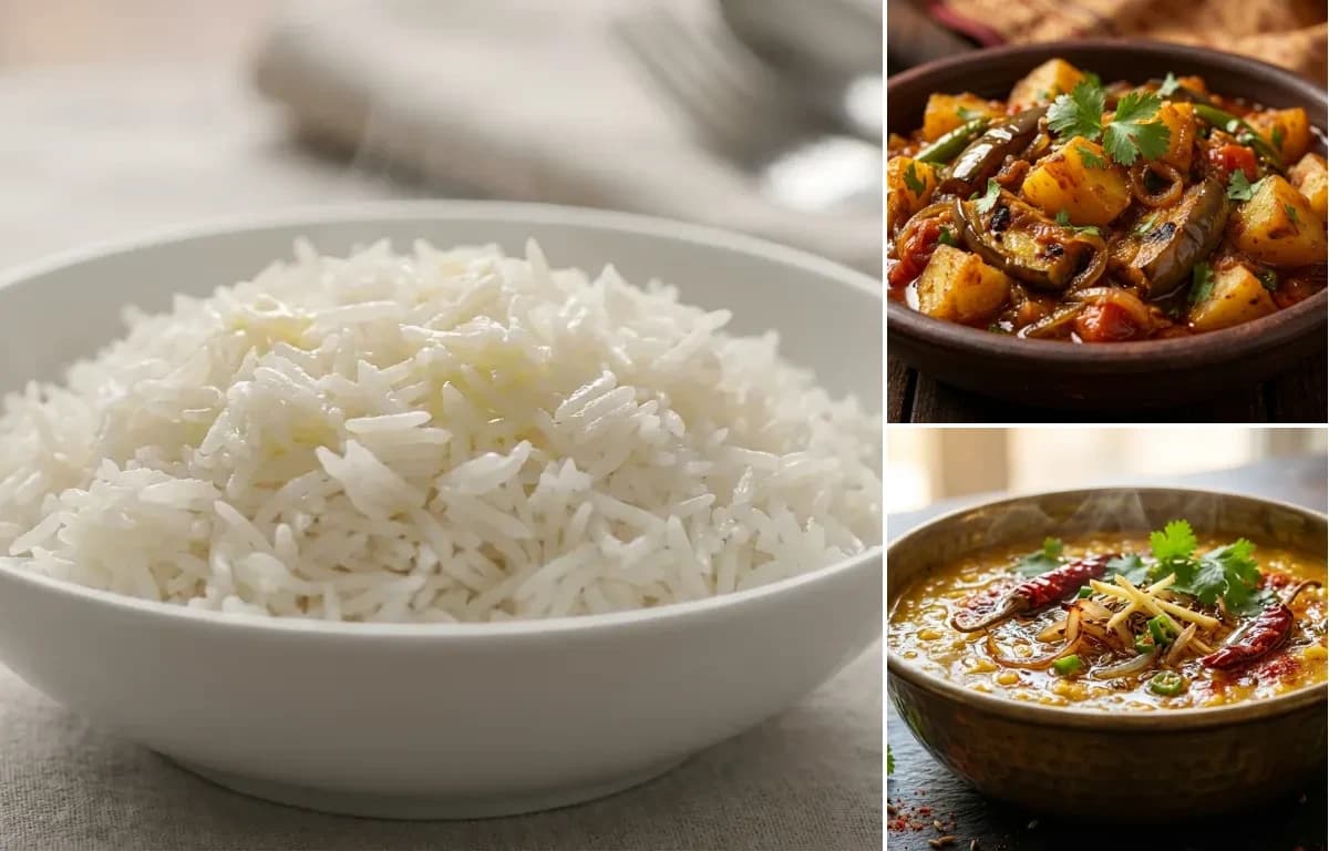 Steamed Basmati Rice, Aloo Baingan Sabzi and Dal Tadka