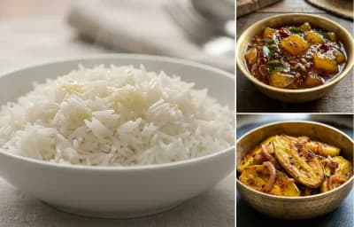 Steamed Basmati Rice with Amba Khatta and Potala Bhaja