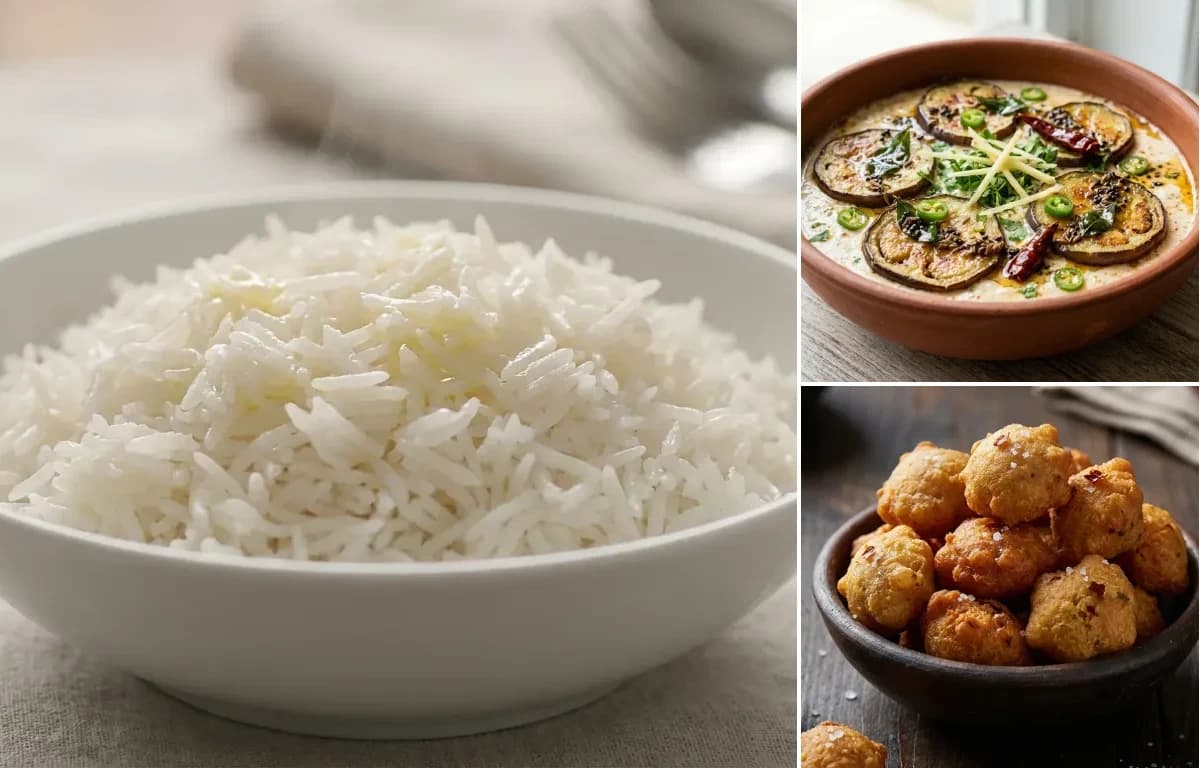 Steamed Basmati Rice, Dahi Baigana and Badi Bhaja
