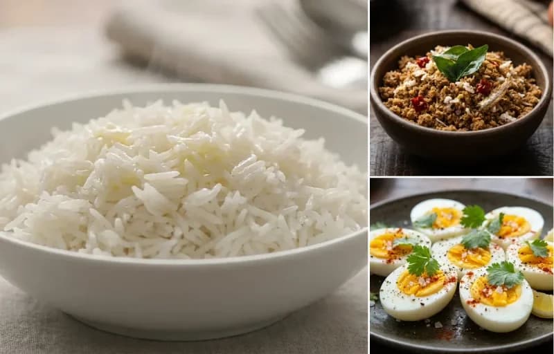 Steamed Basmati Rice, Dry Fish Chutney and Boiled Egg