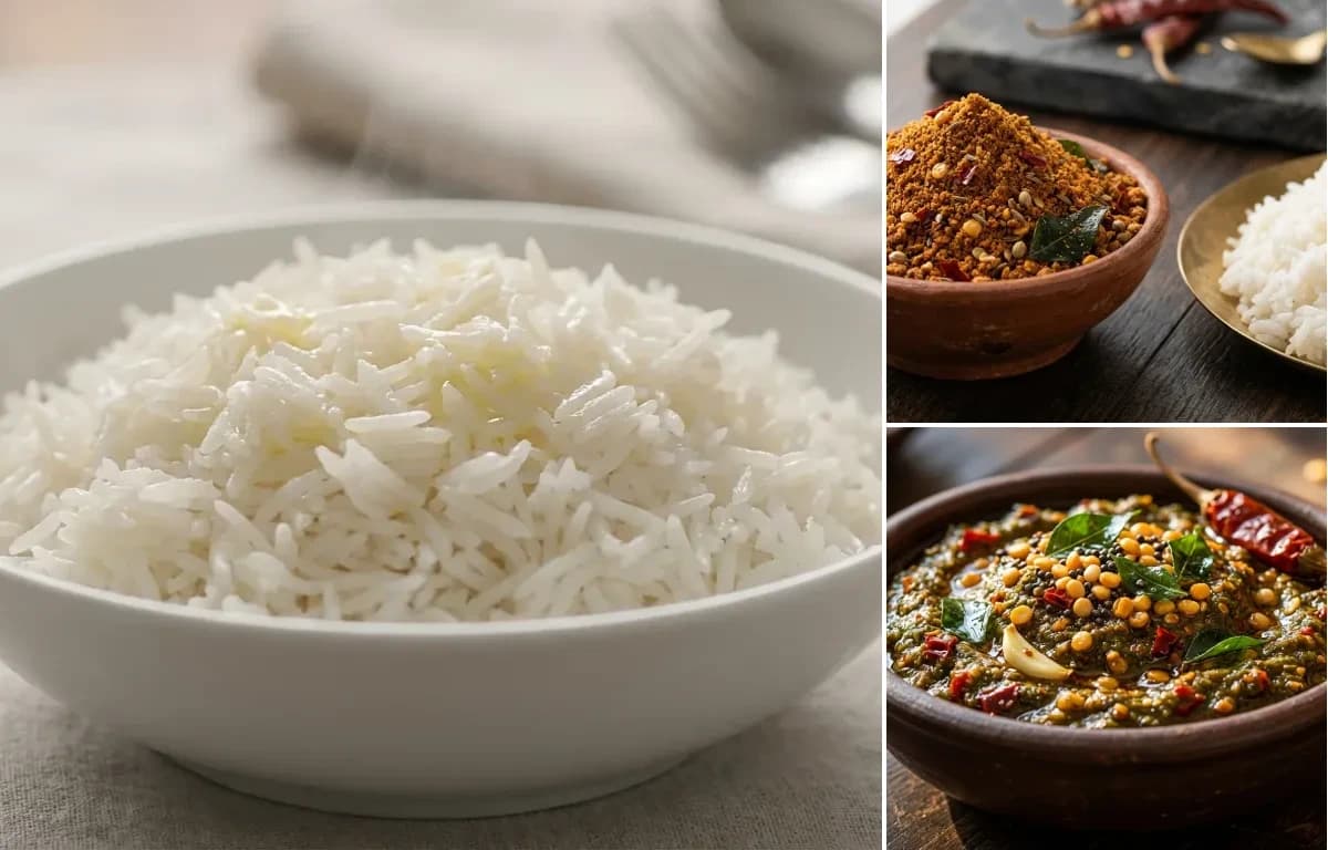 Steamed Basmati Rice, Kandi Podi and Gongura Pachadi