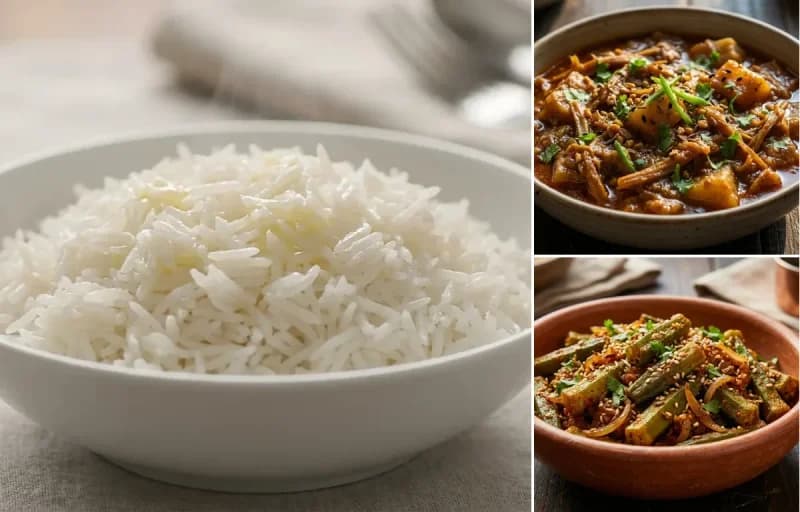 Steamed Basmati Rice, Koldil Khar and Til Wali Bhindi