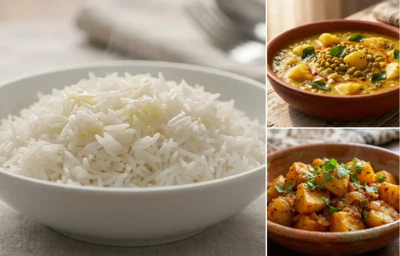 Steamed Basmati Rice, Mooga Gashi and Batate Song