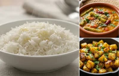 Steamed Basmati Rice with Munakkaya Sambar and Aloo Fry
