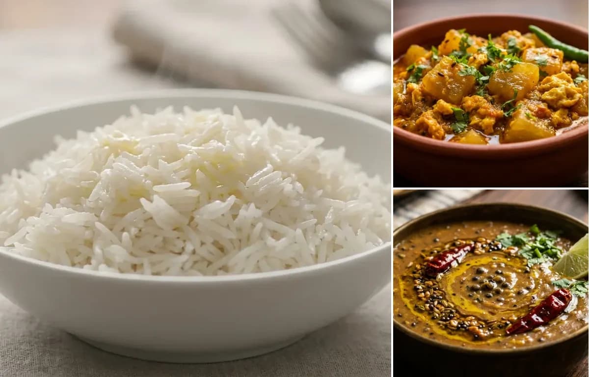 Steamed Basmati Rice, Omita Koni Anja and Mati Dal