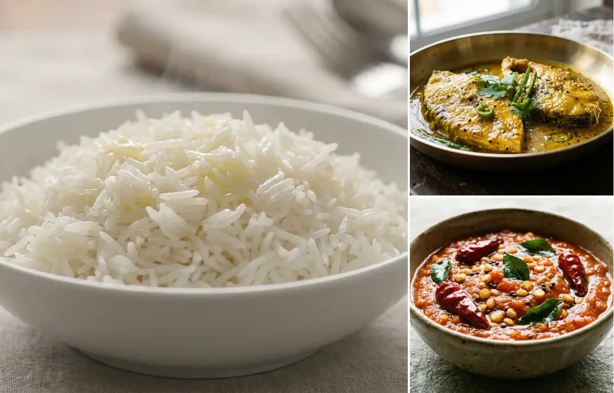 Steamed Basmati Rice, Parshe Macher Jhal and Tomato Chutney