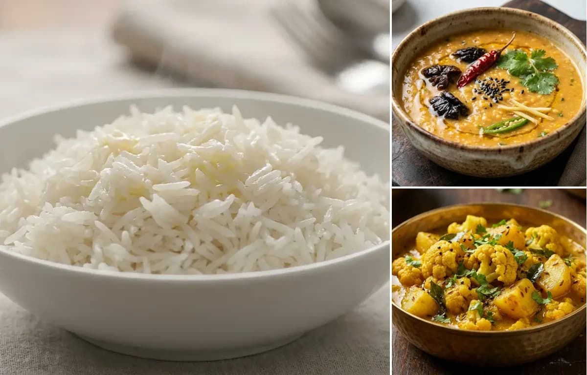 Steamed Basmati Rice, Thekera Tenga Dali and Ful Kobi Bhaji