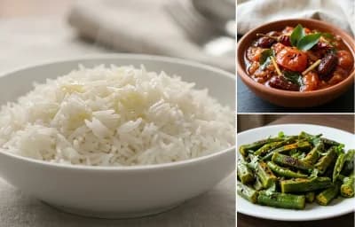 Steamed Basmati Rice with Tomato Khatta and Bhendi Bhaja