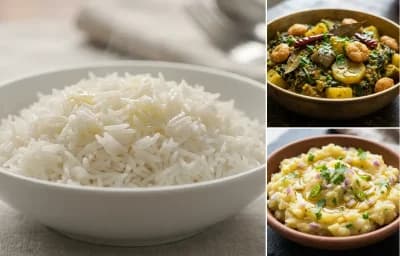 Steamed Basmati Rice with Xaakor Ghonto and Aloo Pitika